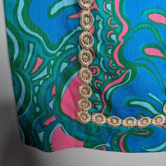 Lilly Pulitzer Blue Macfarlane Shift Dress Gold Embroidered Scoop Neck 00 - Picture 5 of 9